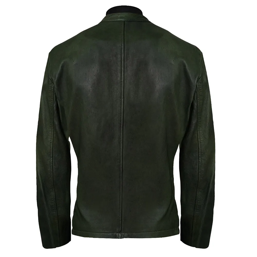 Moto Racer Mens Green Leather Jacket