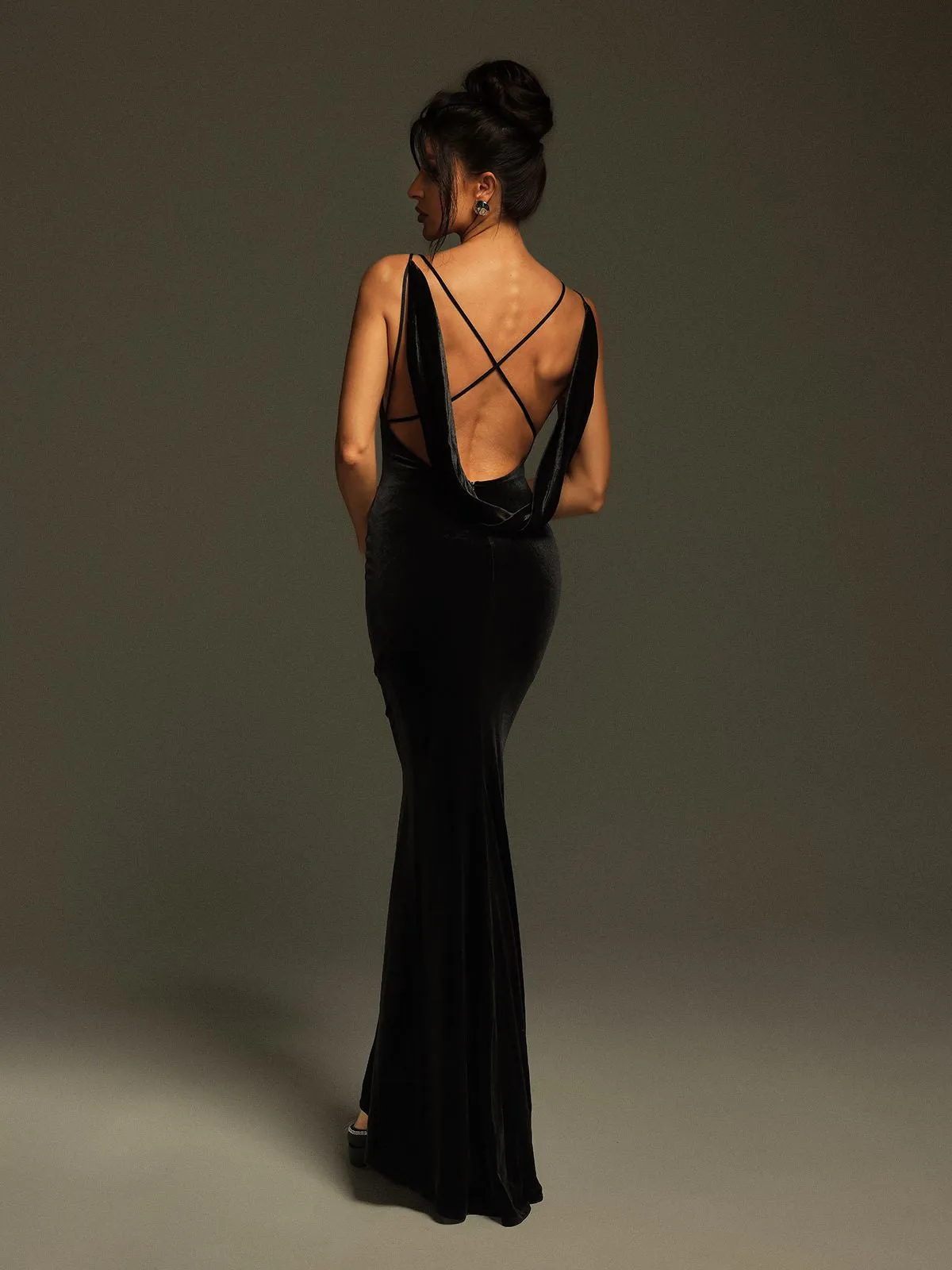 Nketiah Plunge Neck Flower Velvet Maxi Dress