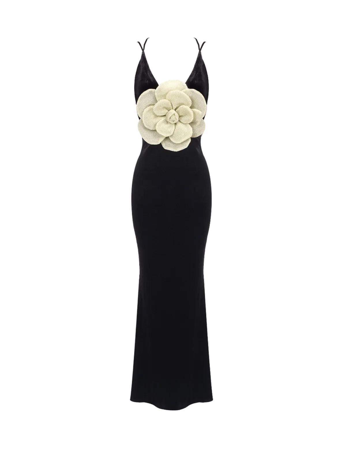 Nketiah Plunge Neck Flower Velvet Maxi Dress