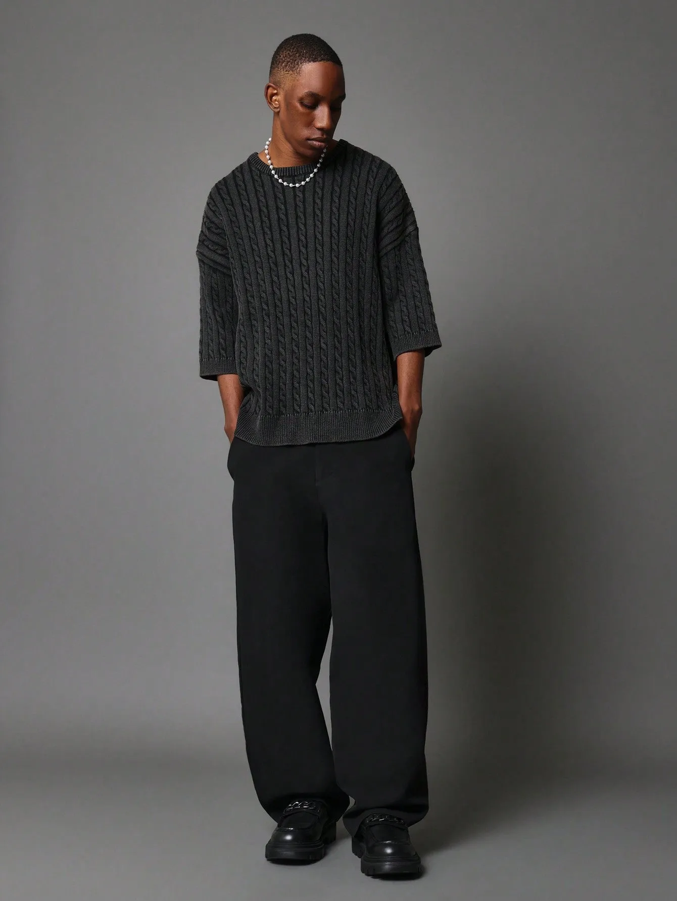 Regular Fit Washed Cable Knit Sweater
