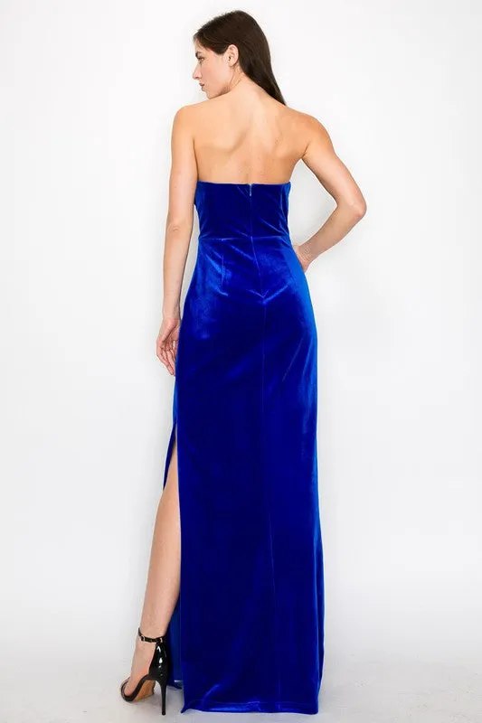 Royal Blue Velvet Sweetheart Neckline Side Slit Maxi Dress