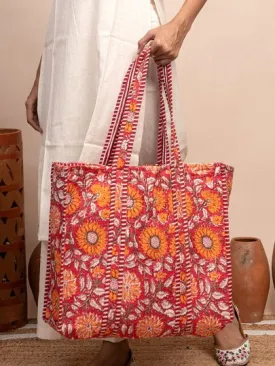 Scarlet Floral Printed Quilted  Tote Bag with Inner Pocket