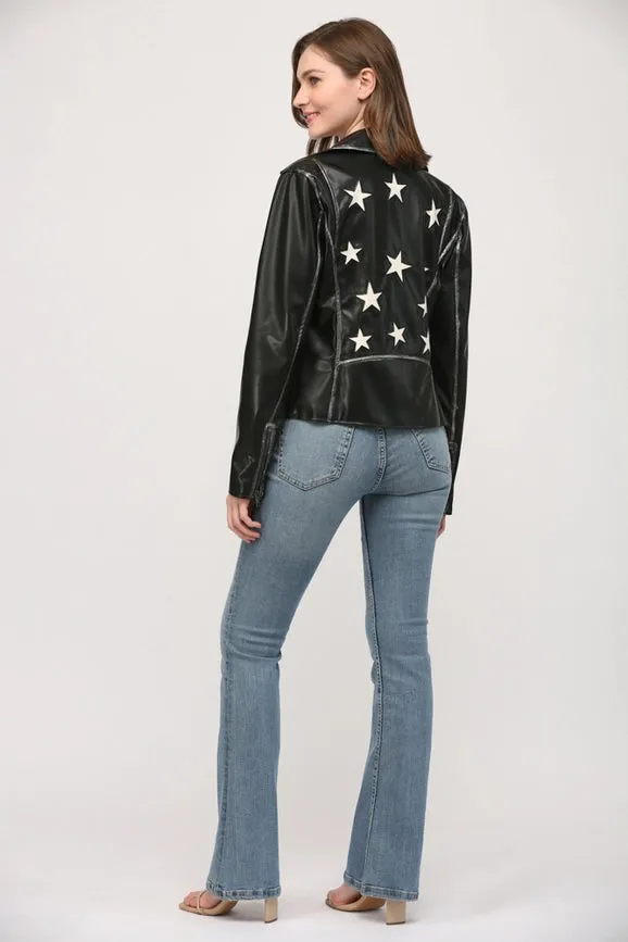 Star Detailing Faux Leather Vintage Moto Jacket