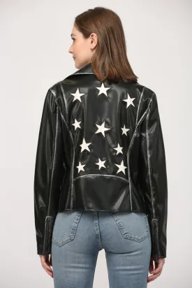 Star Detailing Faux Leather Vintage Moto Jacket