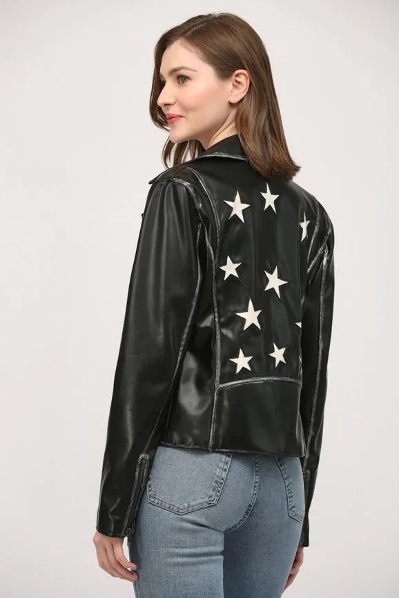 Star Detailing Faux Leather Vintage Moto Jacket