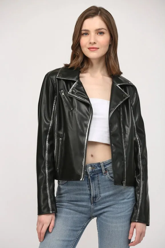 Star Detailing Faux Leather Vintage Moto Jacket