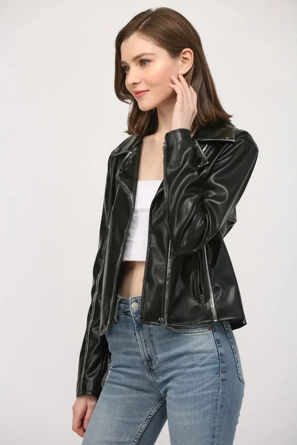 Star Detailing Faux Leather Vintage Moto Jacket