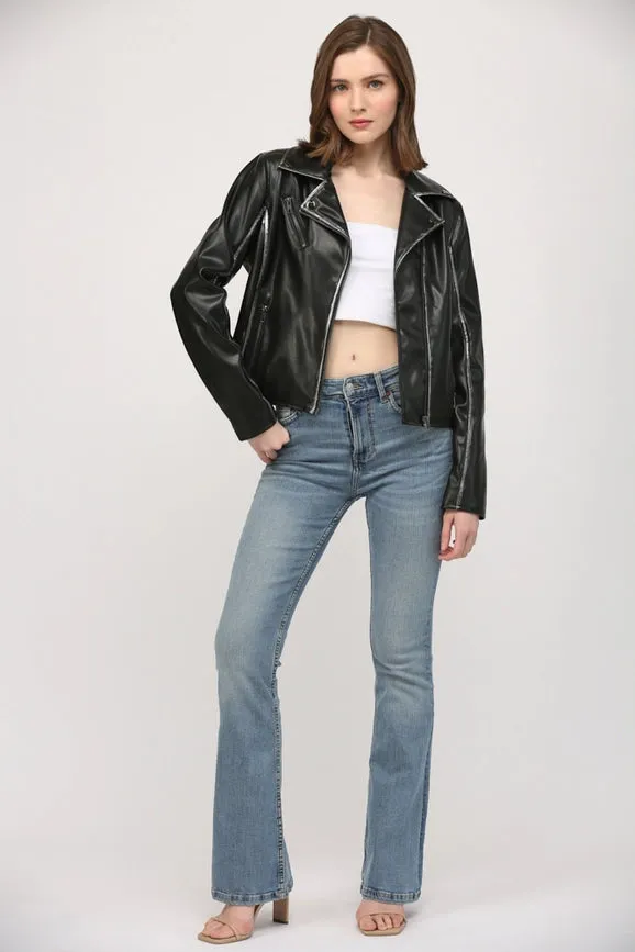 Star Detailing Faux Leather Vintage Moto Jacket