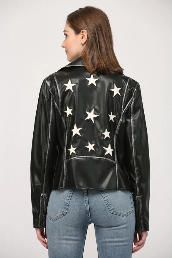 Star Detailing Faux Leather Vintage Moto Jacket