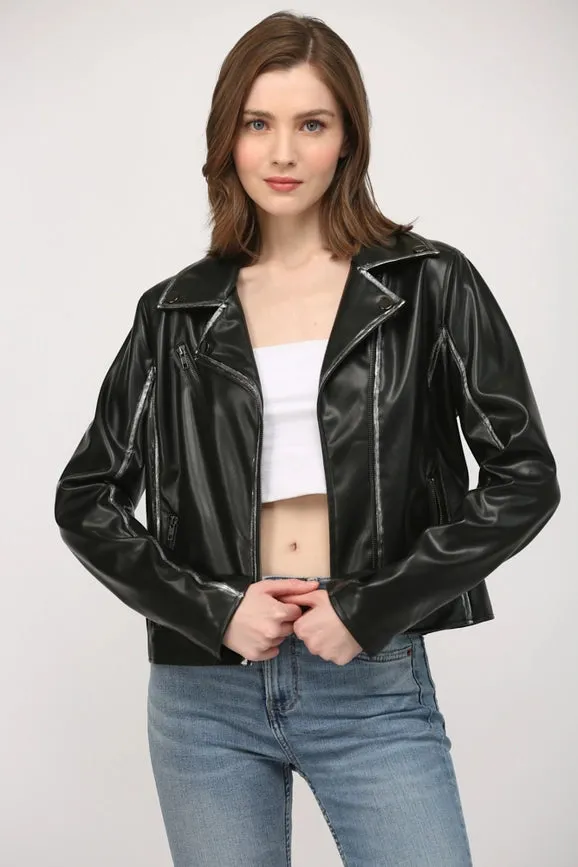 Star Detailing Faux Leather Vintage Moto Jacket
