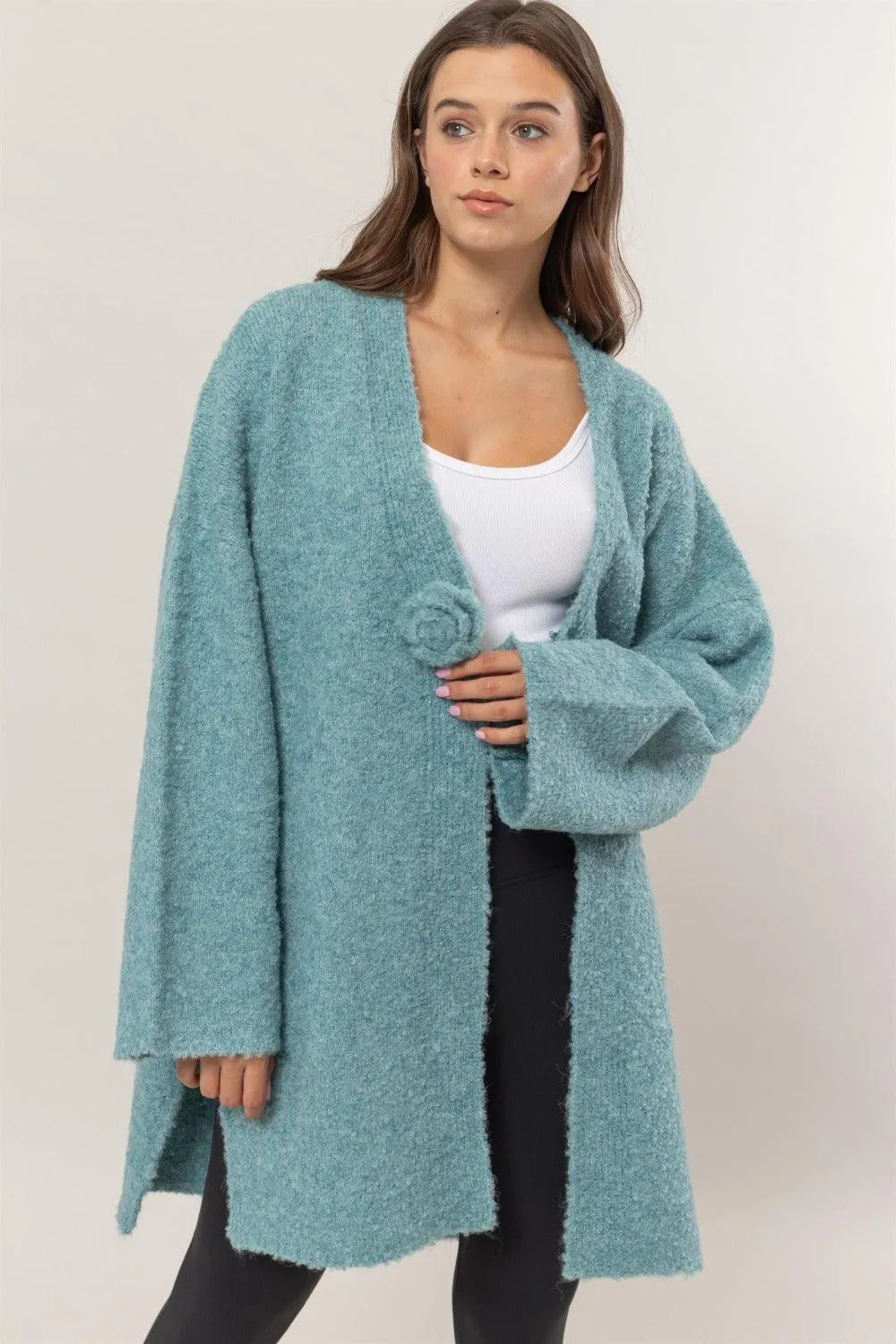 Sweater Cardigan US HYFVE Front Rosette Longline Slit Long Sleeve