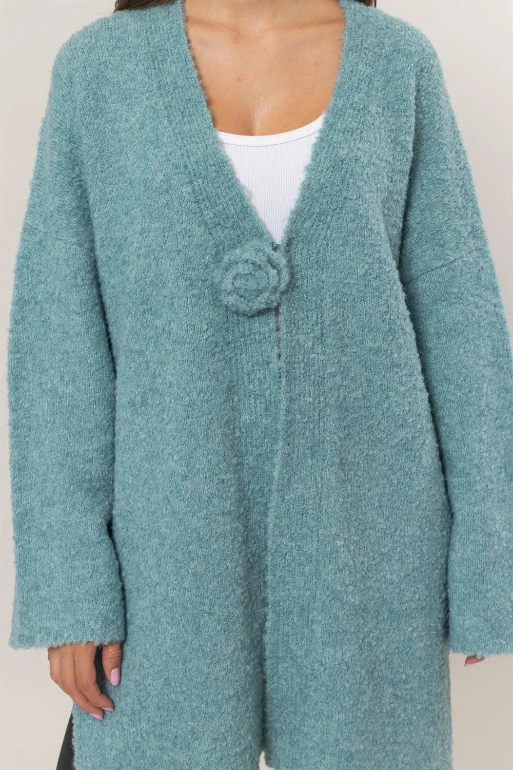 Sweater Cardigan US HYFVE Front Rosette Longline Slit Long Sleeve