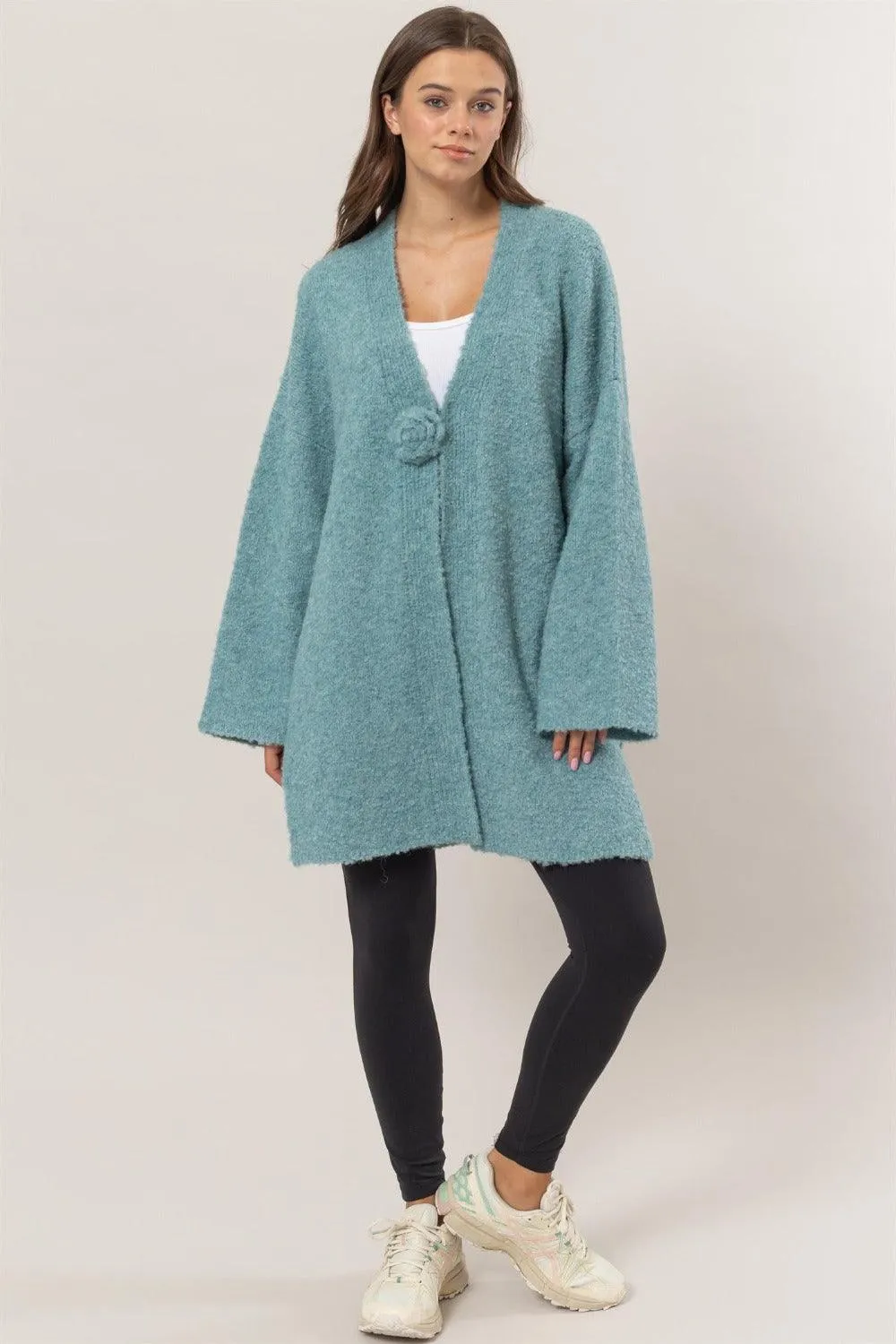 Sweater Cardigan US HYFVE Front Rosette Longline Slit Long Sleeve