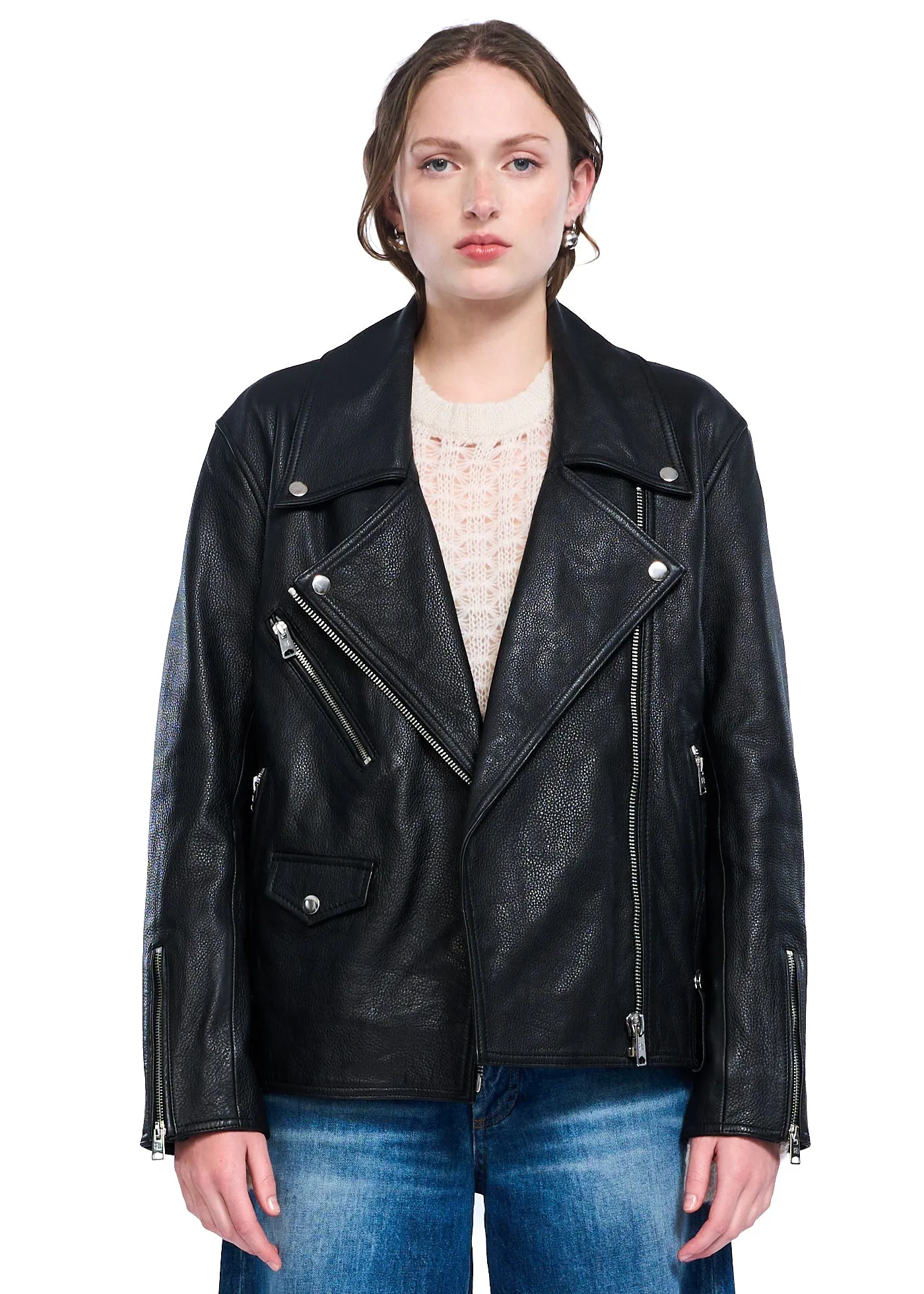 VIAVIA Genuine Leather Oversized Moto Jacket