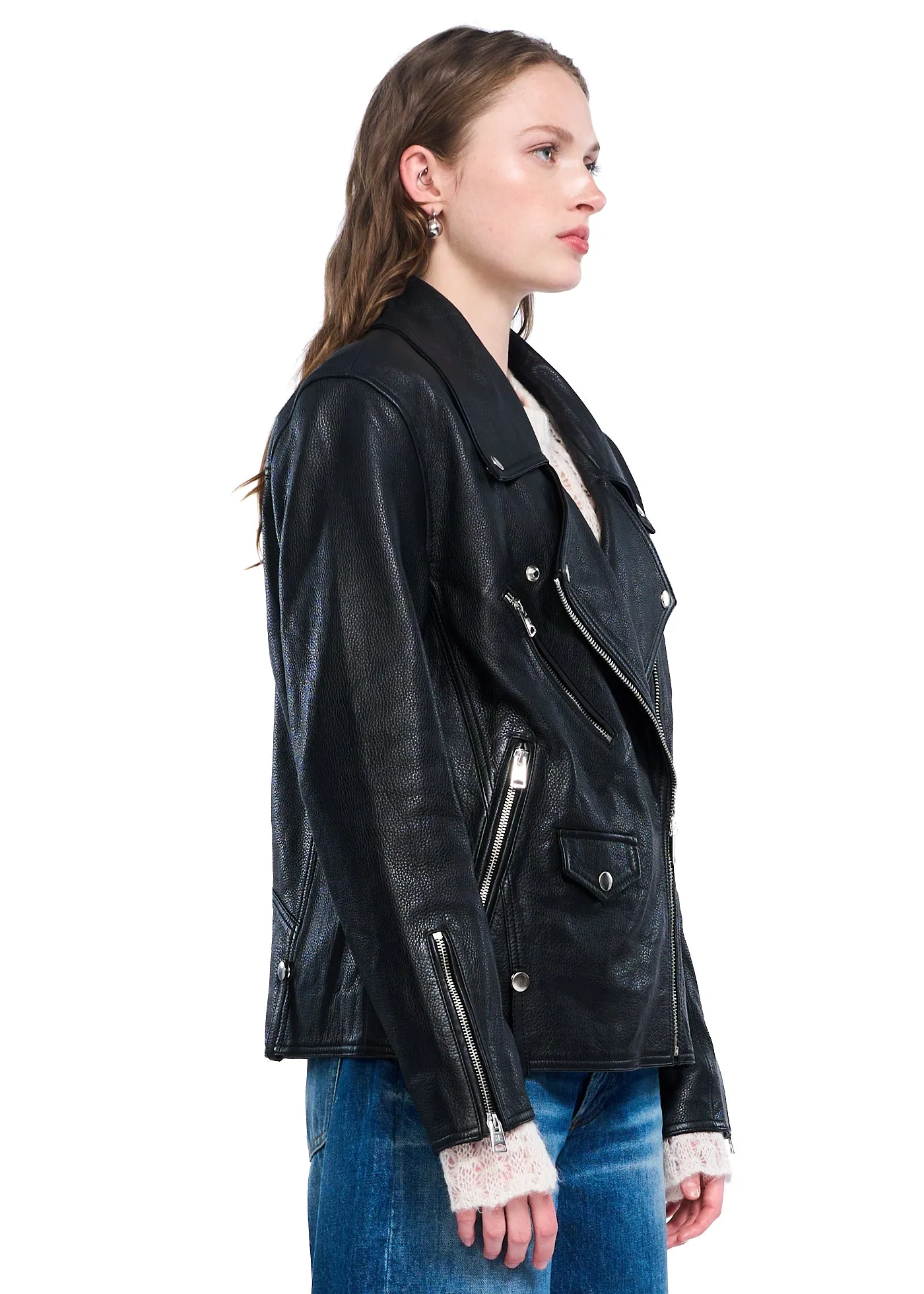 VIAVIA Genuine Leather Oversized Moto Jacket