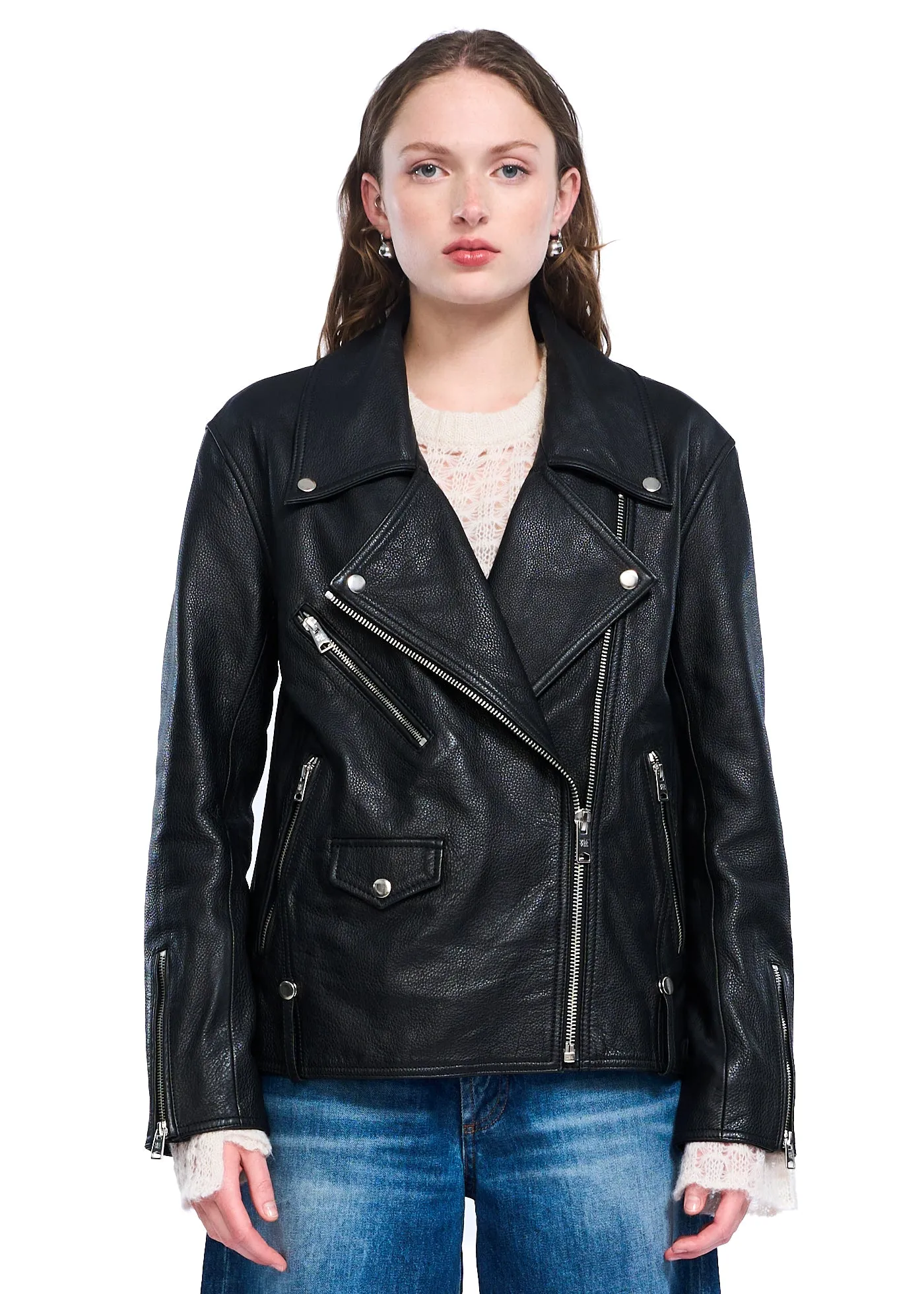 VIAVIA Genuine Leather Oversized Moto Jacket