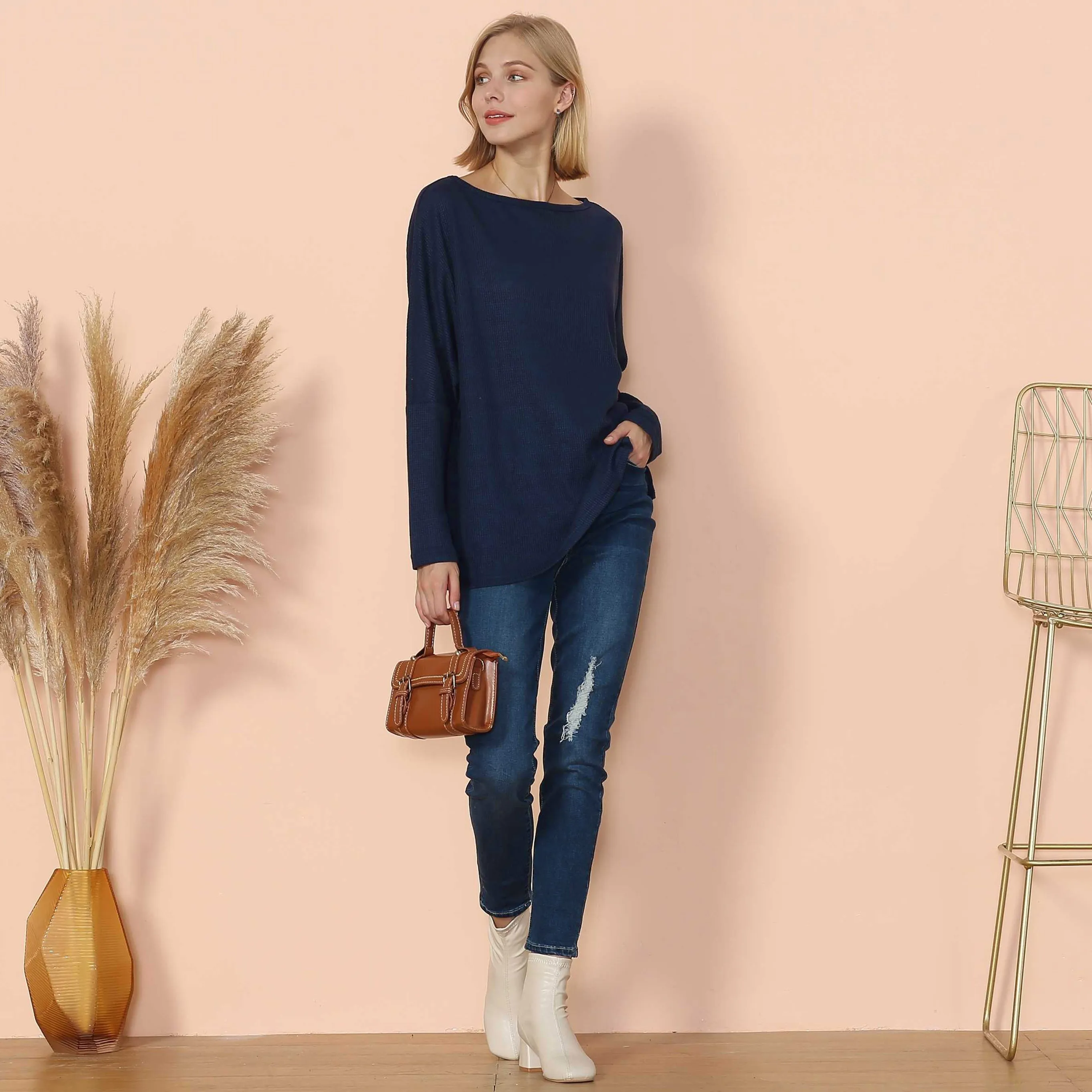Waffle Knit Off Shoulder Oversized Sweater
