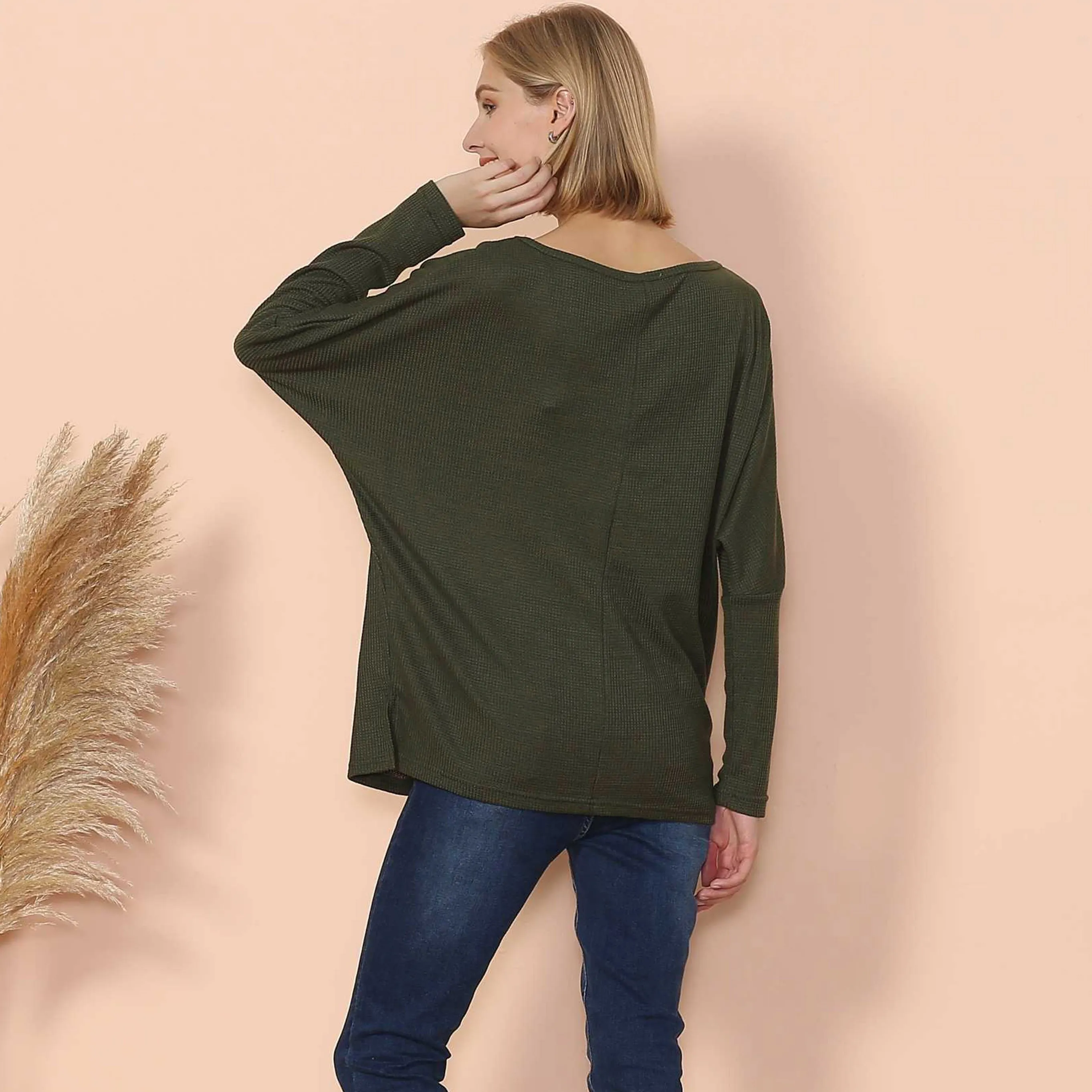 Waffle Knit Off Shoulder Oversized Sweater