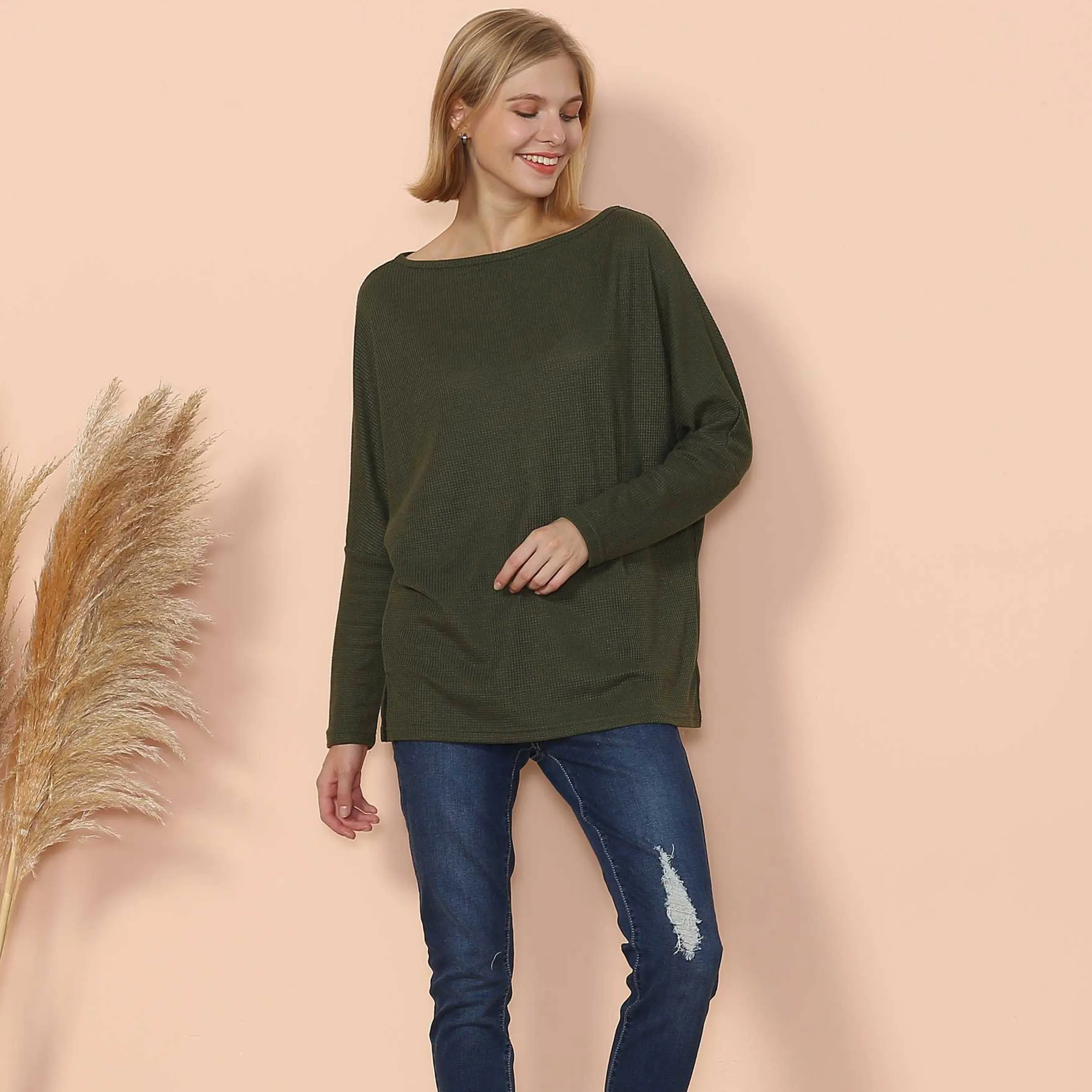 Waffle Knit Off Shoulder Oversized Sweater