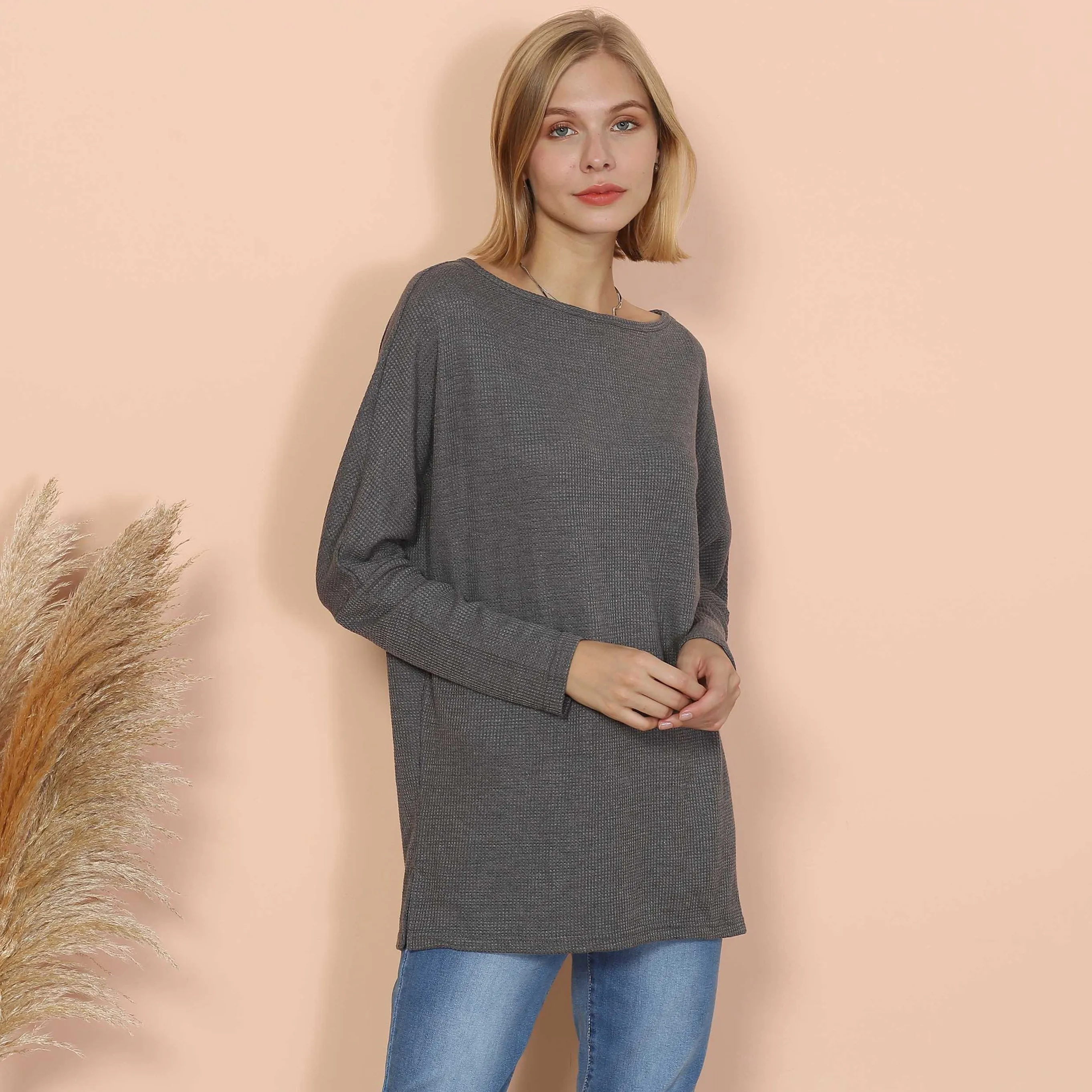 Waffle Knit Off Shoulder Oversized Sweater