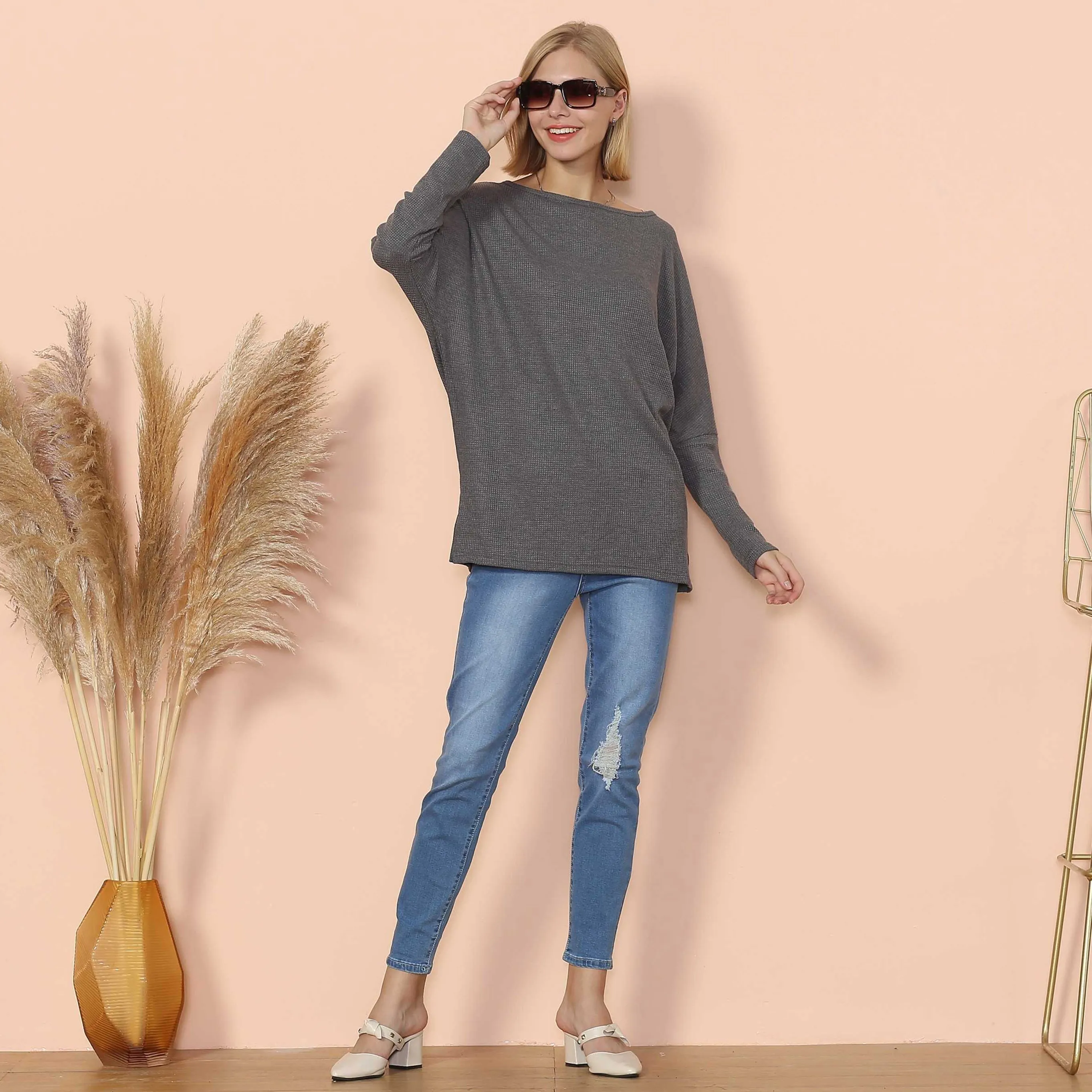 Waffle Knit Off Shoulder Oversized Sweater
