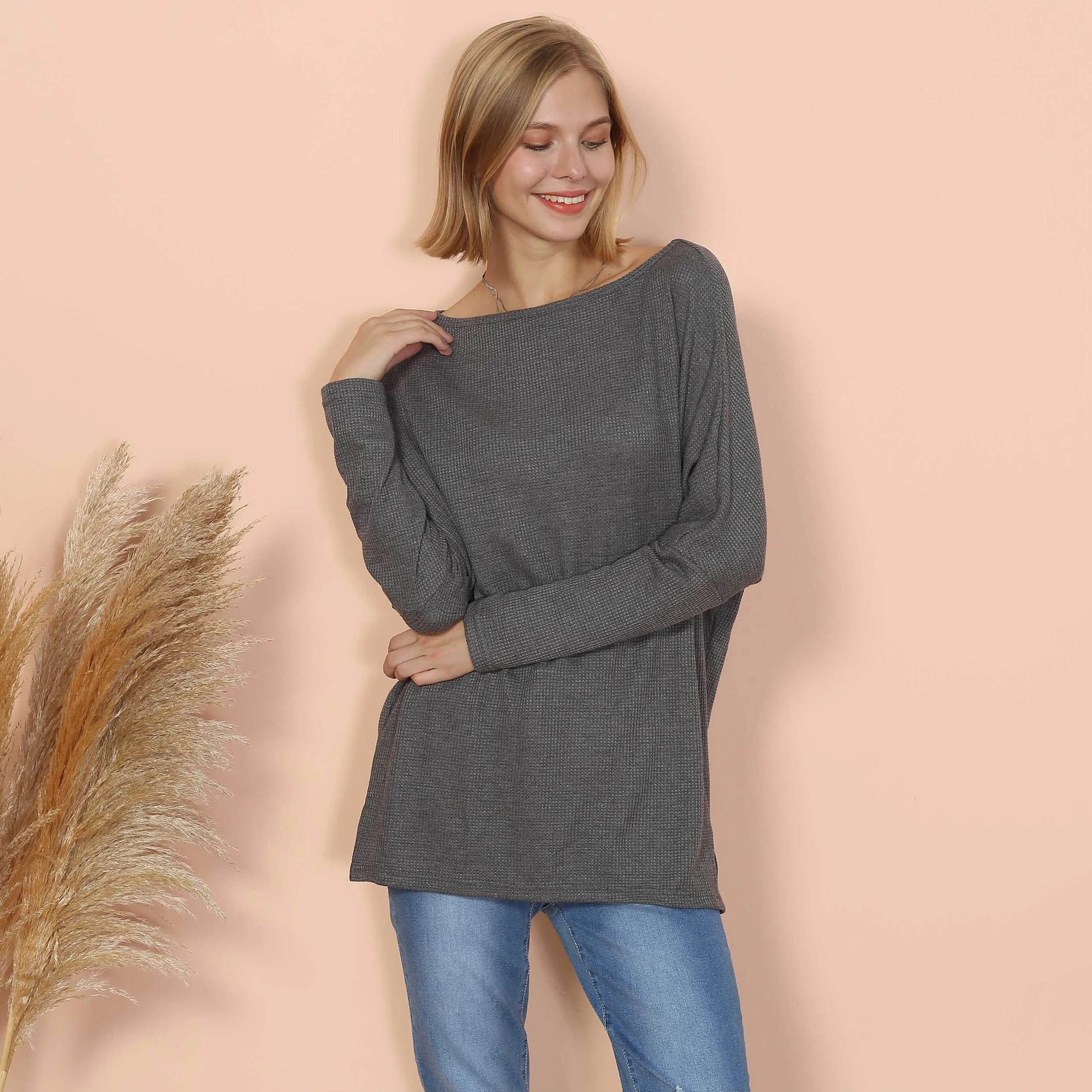 Waffle Knit Off Shoulder Oversized Sweater