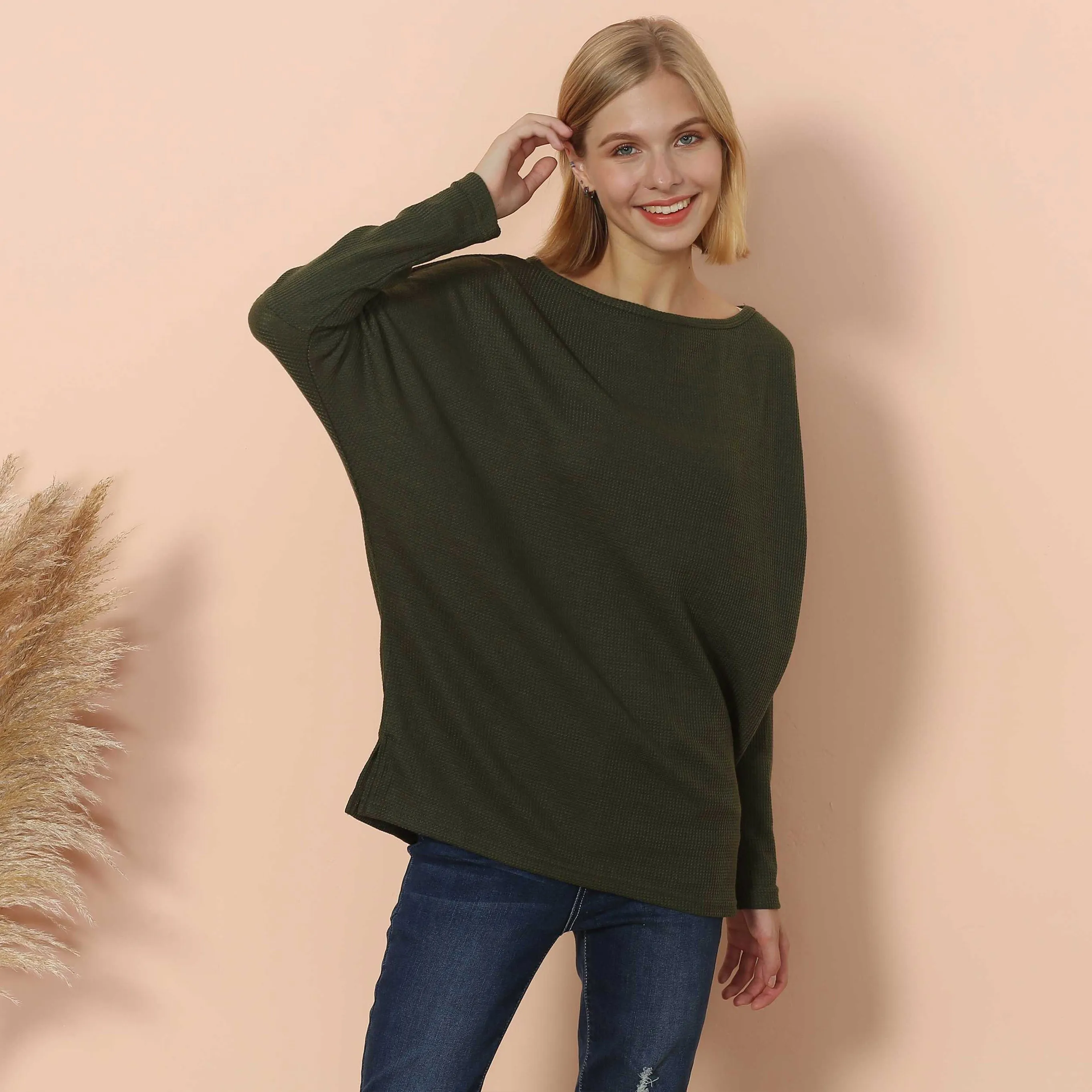 Waffle Knit Off Shoulder Oversized Sweater