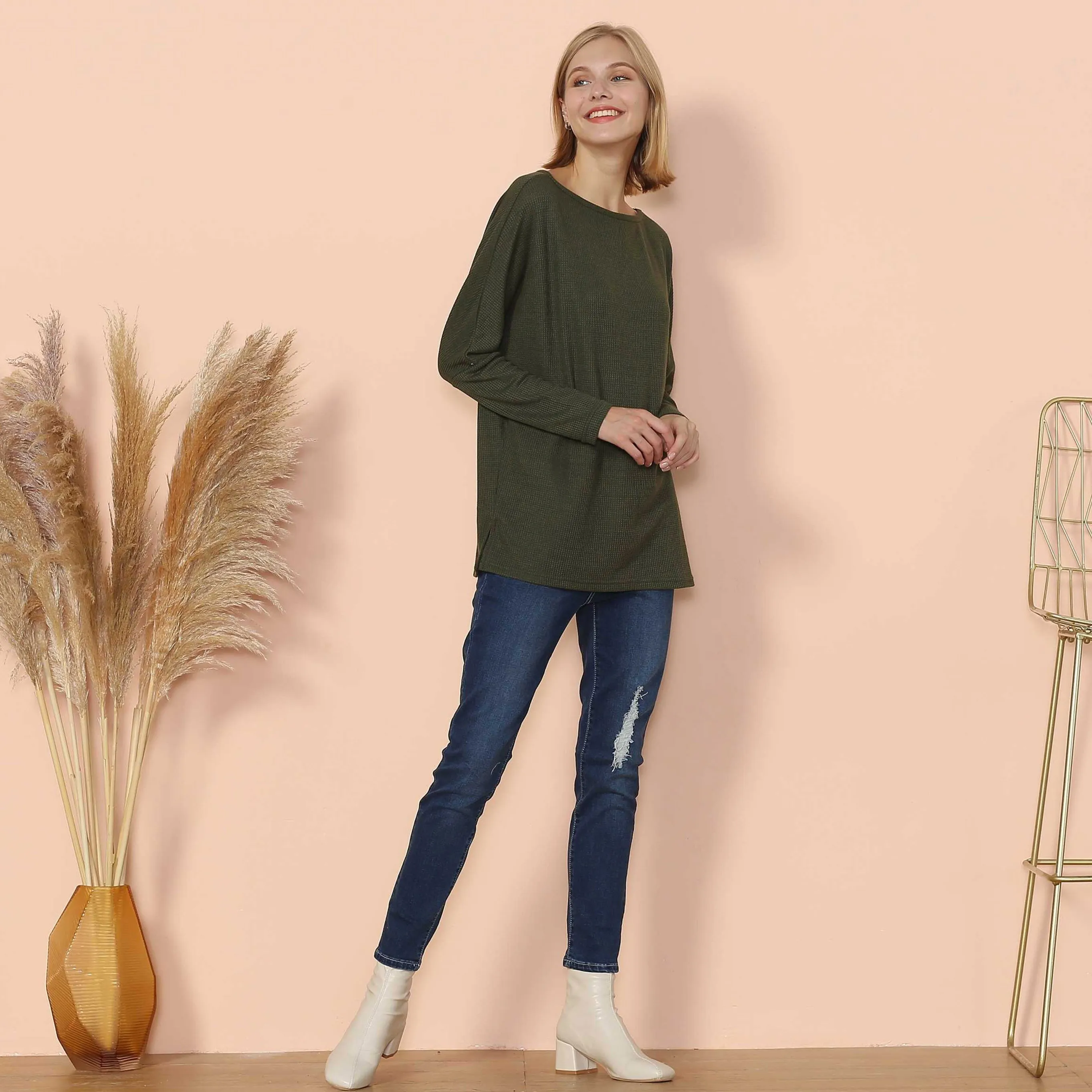Waffle Knit Off Shoulder Oversized Sweater