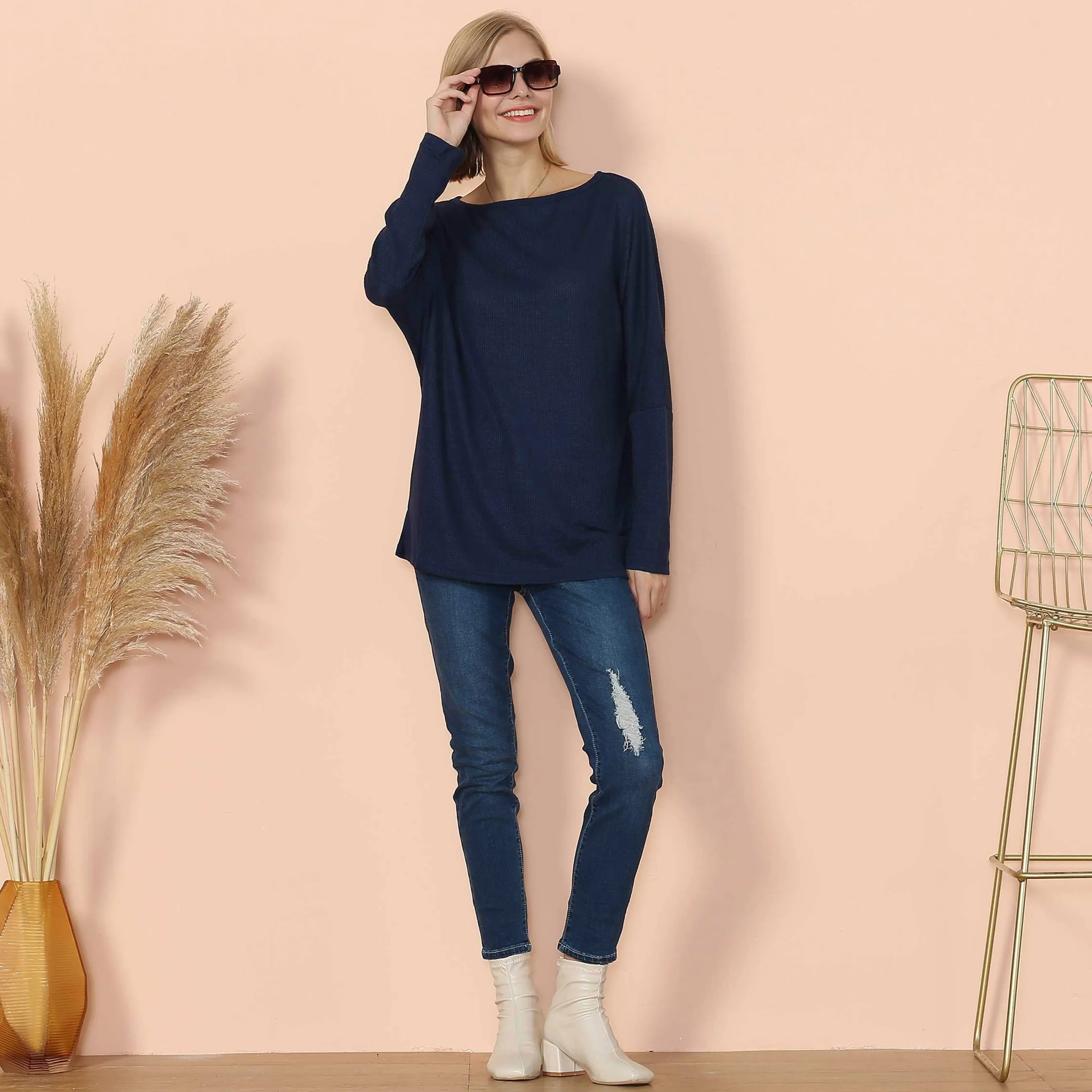 Waffle Knit Off Shoulder Oversized Sweater