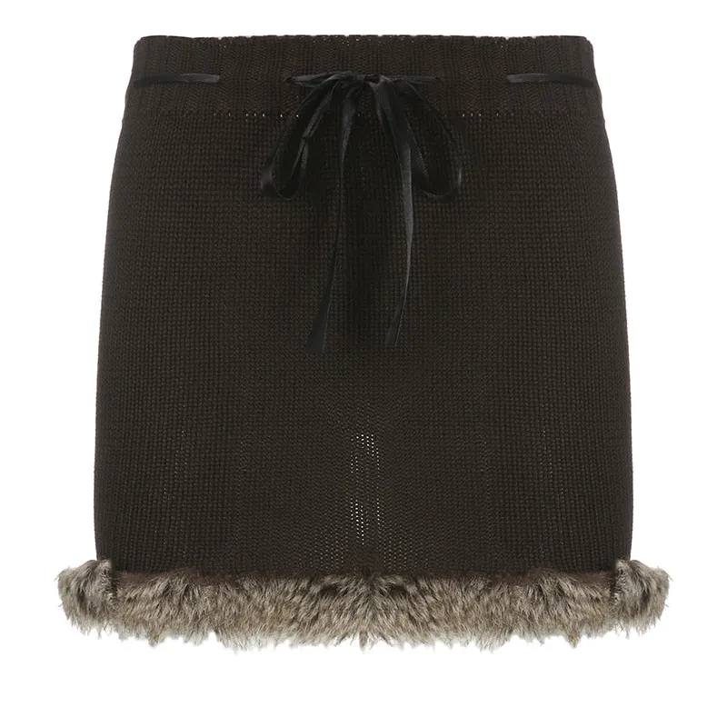 Wjczt y2k Knitted Mini Skirts Lace Up Fur Cute Sweet Pencil Skirts Twist Skinny Low Waisted Short Women Skirts Autumn Chic