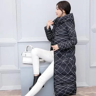 Women Long Coat Fashion Design Print Thick Padded Down Cotton Slim Jacket
