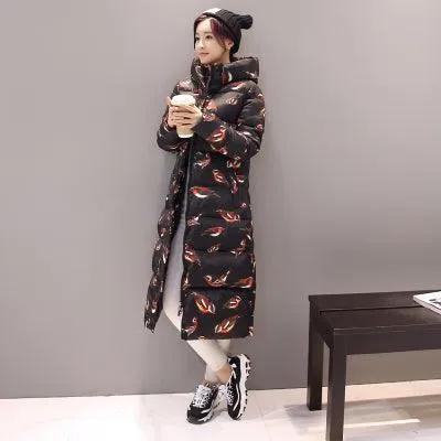 Women Long Coat Fashion Design Print Thick Padded Down Cotton Slim Jacket