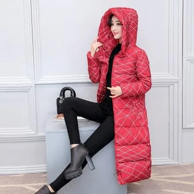 Women Long Coat Fashion Design Print Thick Padded Down Cotton Slim Jacket
